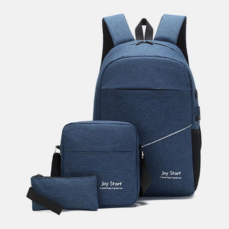 Miesten 3Kpl Nylon Usb-Lataus Kulutusta Kestävä Muoti Rento Kannettavan Tietokoneen Laukku Reppu Crossbody Laukku Kytkinlaukku
