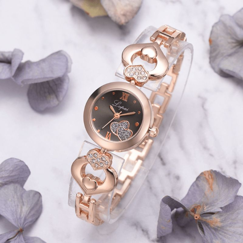 Lvpai P827 Crystal Love Heart Lahja Naisten Rannekello Täysteräksiset Casual Style Kvartsikellot