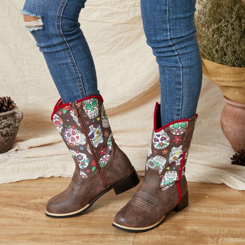 Naisten Retro-Kukkapainatus Teräväkärkinen Vetoketju Pohkeen Puolivälissä Cowboy-Saappaat