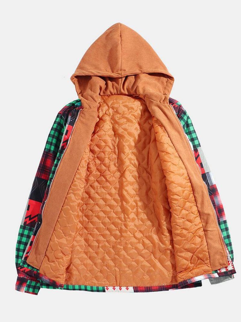Miesten Ruudullinen Colorblock Paksu Vintage-Hupullinen Paitatakki