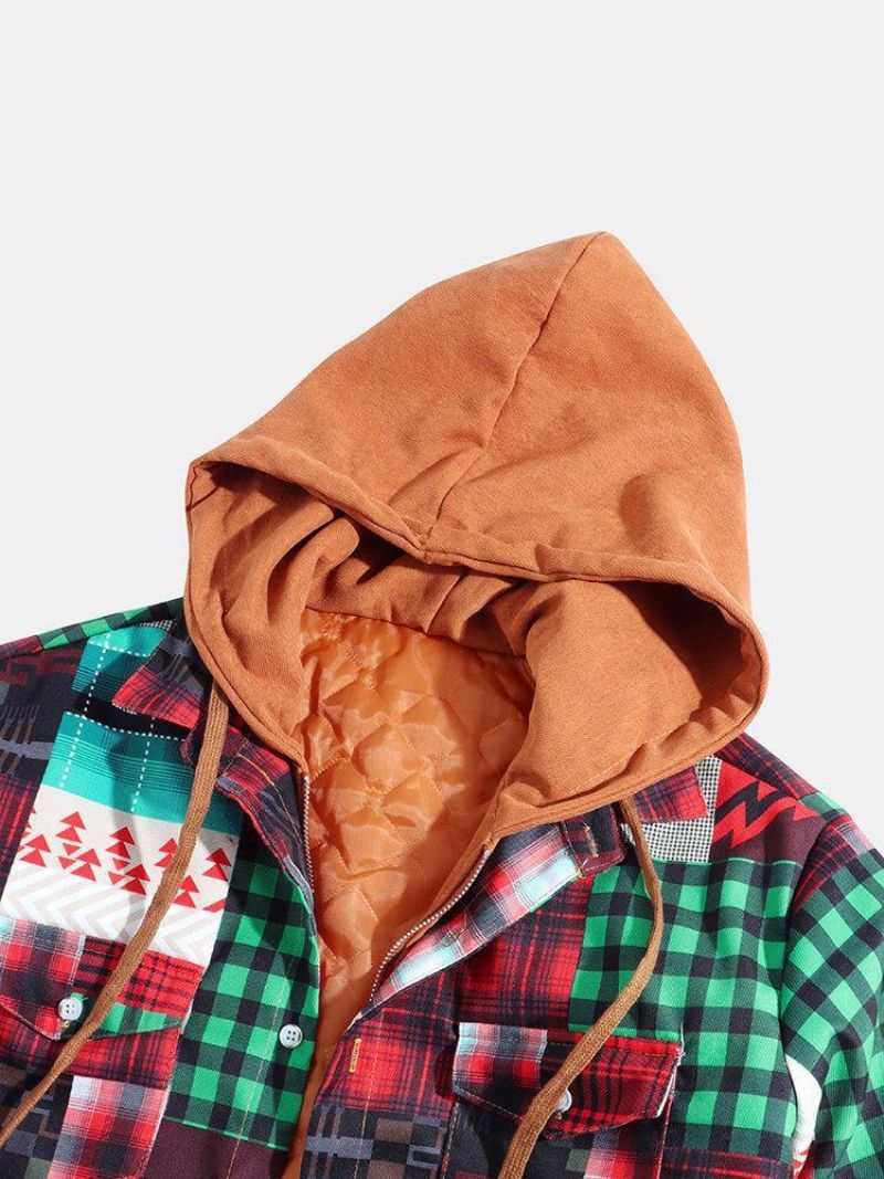 Miesten Ruudullinen Colorblock Paksu Vintage-Hupullinen Paitatakki