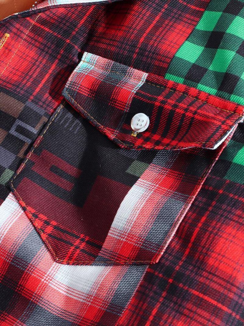 Miesten Ruudullinen Colorblock Paksu Vintage-Hupullinen Paitatakki