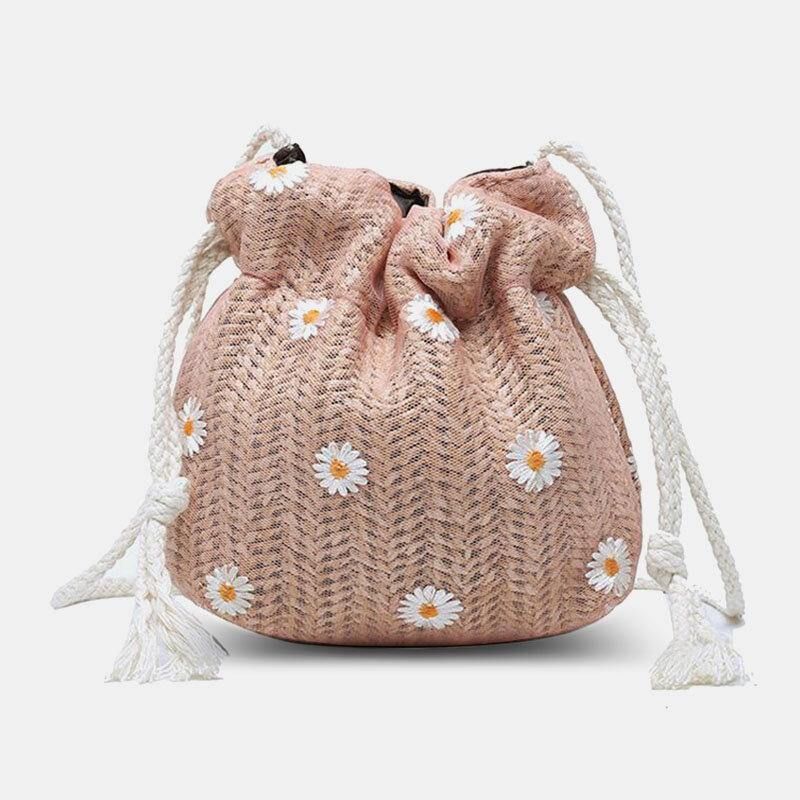 Naisten Olki Daisy Auringonkukkakuvioprintti Rento String Pitsilaukku Rantalaukku Bucket Bag Crossbody Bag Käsilaukku