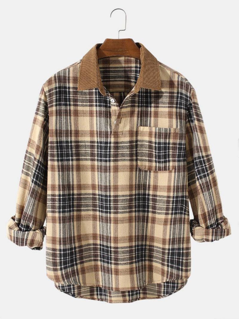 Miesten Vintage-Ruudulliset Rennot Puuvillaiset Pitkähihaiset Henley-Paidat Taskulla